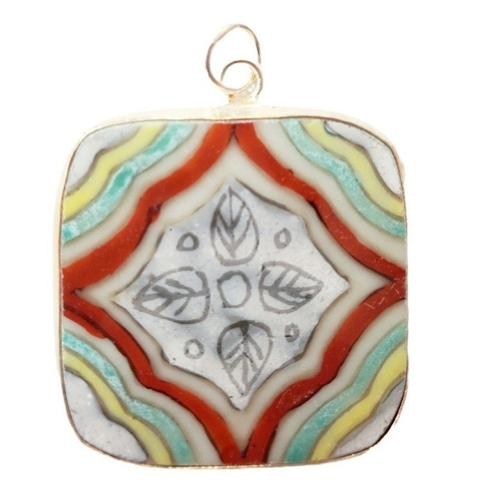 Artisan Hand Painted Ceramic Tile Square Jewelry Pendant Geometric Multi Color